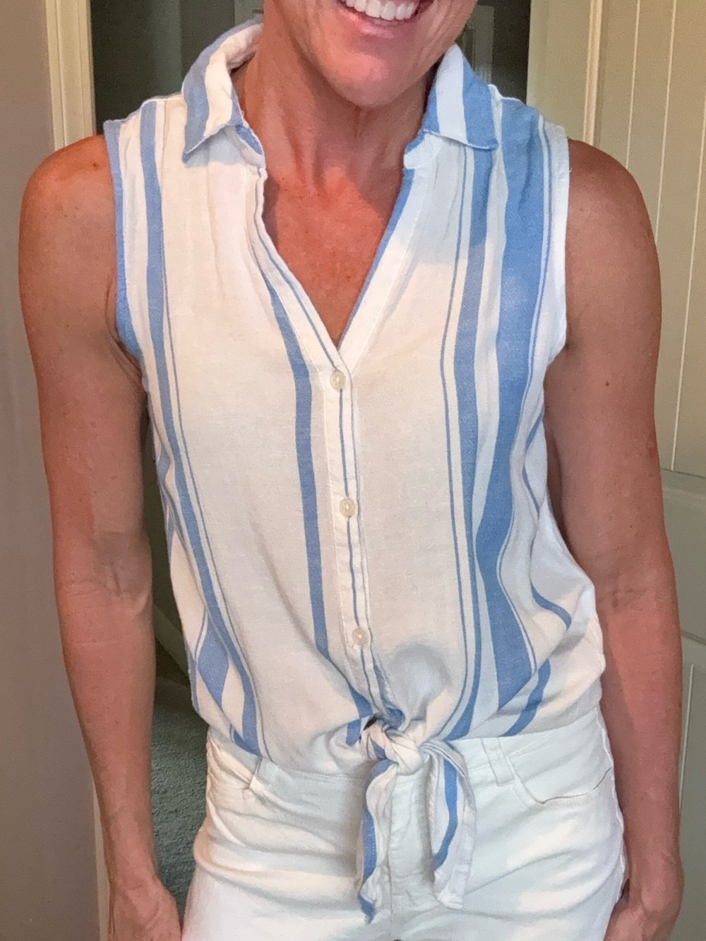Francesca's Collections Blue & White Striped Tie-Front Sleeveless Top